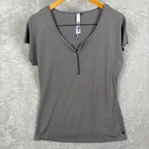 Poools Brown Metallic Shimmer V-Neck Beaded Trim SS Top US 10 Soft Summer Chic